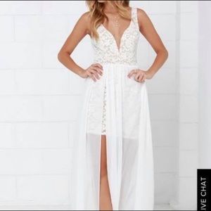 Lulu’s White Lace Sheer Plunge Neck Dress